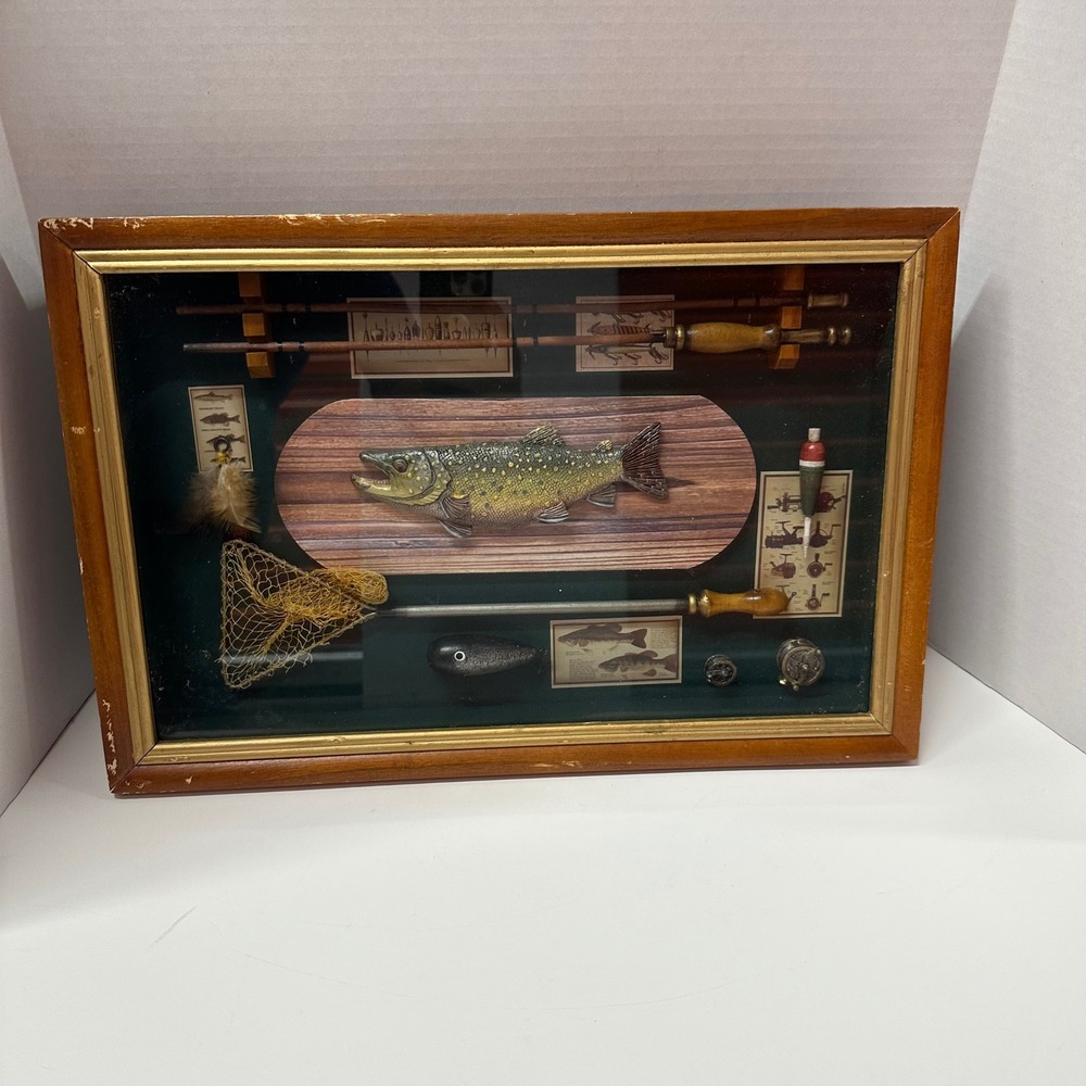 Fishing Shadow Box Framed Glass Wall Decor Trout Miniature Rods Reels Net Cabin